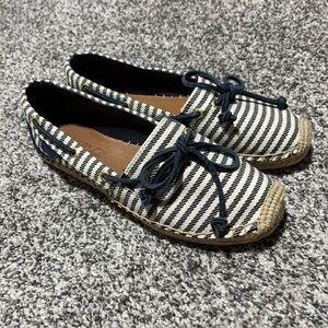 Sperry Slip On Navy Stripe Canvas Boat Shoe Size 7 M Loafers Nautical STS91274